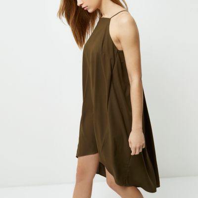 Khaki green ruched swing slip dress